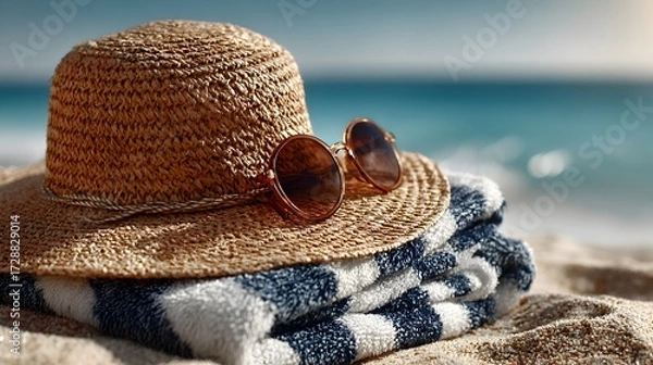 Fototapeta A straw sun hat and sunglasses sit atop a striped towel on a sandy beach with the ocean in the distance.