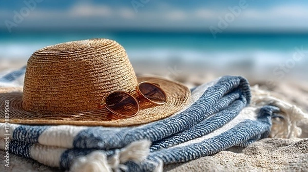 Fototapeta A straw hat and sunglasses sit atop a folded beach towel on a sandy beach with ocean view in summer day