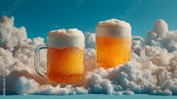 Fototapeta Two frothy beers are perfectly presented amidst fluffy clouds against a brilliant blue sky backdrop today.