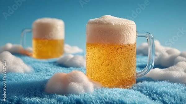 Fototapeta Two frosty beer mugs with foamy heads float among whical clouds against a bright blue background scene.