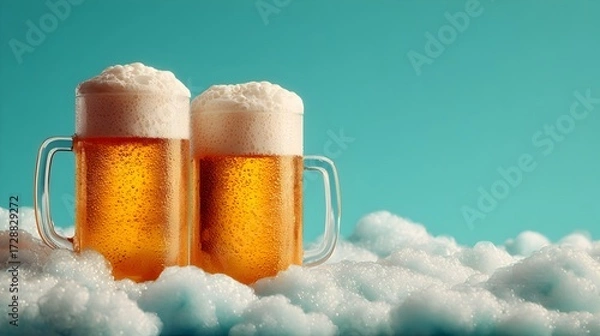 Fototapeta Two full mugs of golden beer with creamy foam sit led in fluffy white clouds against a turquoise background.