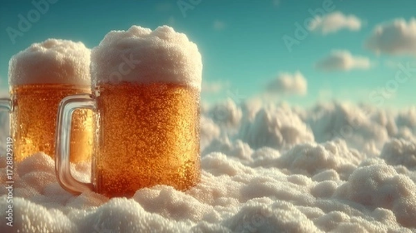 Fototapeta Two frosty mugs of beer with overflowing white foam sit led in fluffy clouds against a bright blue sky.