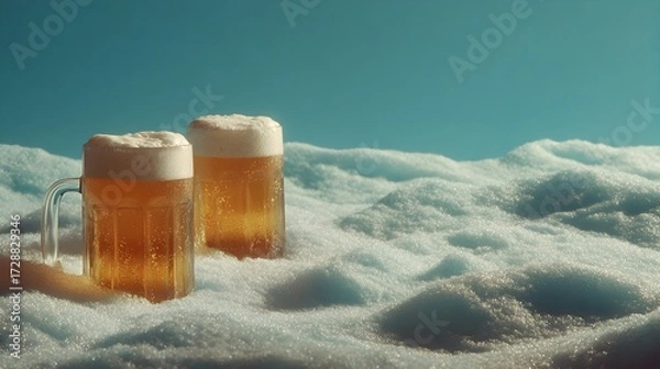 Fototapeta Two frosty mugs of golden beer sit led in a surreal landscape of crisp white snow under a clear blue sky.
