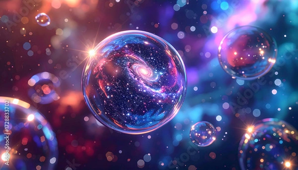 Fototapeta Cosmic Spheres: A mesmerizing visual journey through the universe, where galaxies and celestial bodies reside within translucent spheres, set against a backdrop of nebulae and stars. 