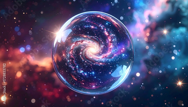 Fototapeta Celestial Sphere: An otherworldly view of a swirling galaxy contained within a glass sphere, with vibrant celestial bodies that evoke wonder and mystery.