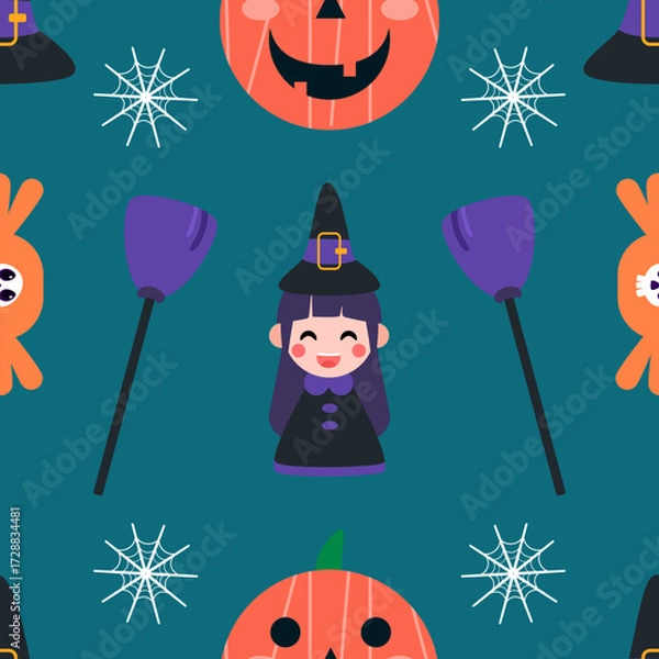 Fototapeta A seamless Halloween pattern featuring pumpkins, bats, ghosts, and spooky elements in festive colors. Perfect for seasonal backgrounds and decorations.