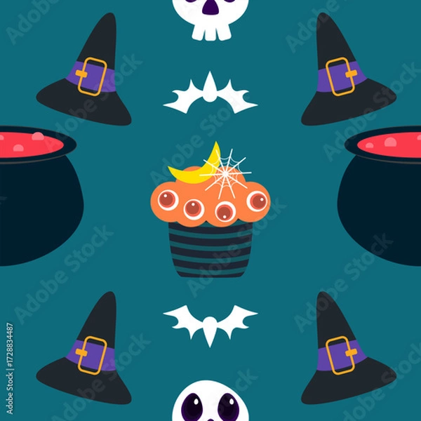 Fototapeta A seamless Halloween pattern featuring pumpkins, bats, ghosts, and spooky elements in festive colors. Perfect for seasonal backgrounds and decorations.