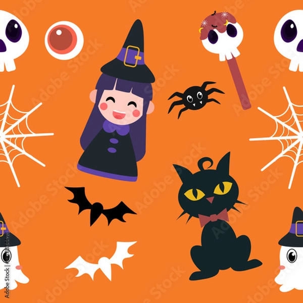 Fototapeta A seamless Halloween pattern featuring pumpkins, bats, ghosts, and spooky elements in festive colors. Perfect for seasonal backgrounds and decorations.