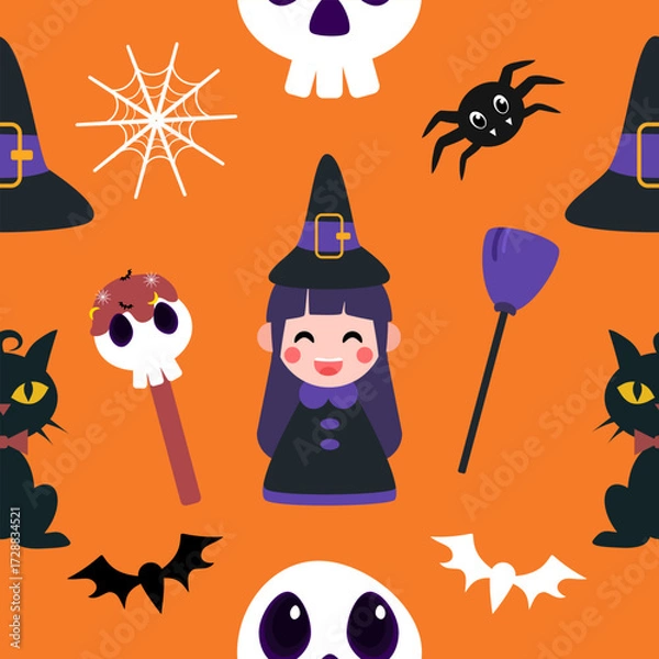 Fototapeta A seamless Halloween pattern featuring pumpkins, bats, ghosts, and spooky elements in festive colors. Perfect for seasonal backgrounds and decorations.