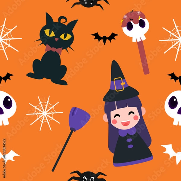 Fototapeta A seamless Halloween pattern featuring pumpkins, bats, ghosts, and spooky elements in festive colors. Perfect for seasonal backgrounds and decorations.