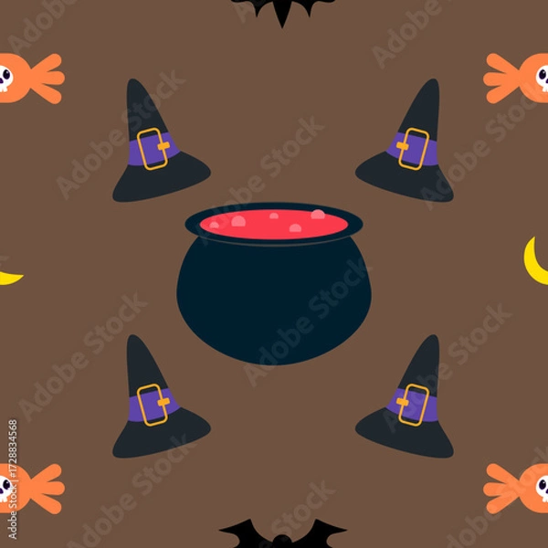 Fototapeta A seamless Halloween pattern featuring pumpkins, bats, ghosts, and spooky elements in festive colors. Perfect for seasonal backgrounds and decorations.