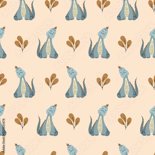 Fototapeta Seamless pattern featuring a hand-drawn sleepy dinosaur and abstract leaves in earthy tones on a soft beige background for kids textiles, decor, and playful designs