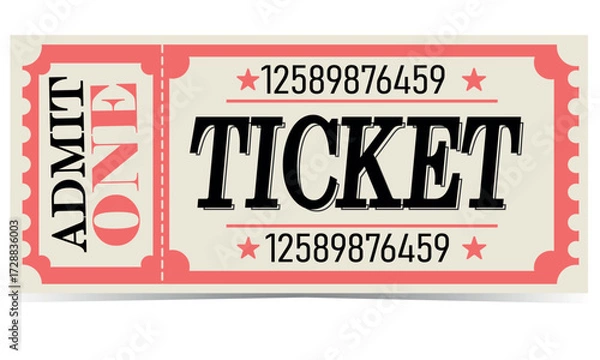 Obraz Coupon, vintage coral ticket for one person drawing without background, with shadow. Ticket template vector, with perforation for cinema, circus, concerts, invitations.
