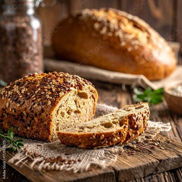 Fototapeta Sliced whole grain bread on rustic wooden board