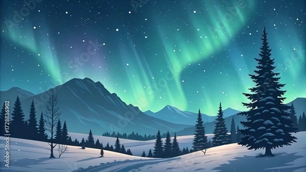 Obraz Abstract Aurora Winter Night with Snow Mountains Background —AI GENERATED  