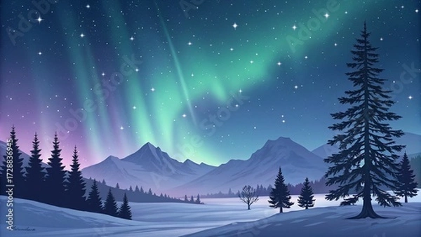 Obraz Abstract Aurora Winter Night with Snow Mountains Background —AI GENERATED  
