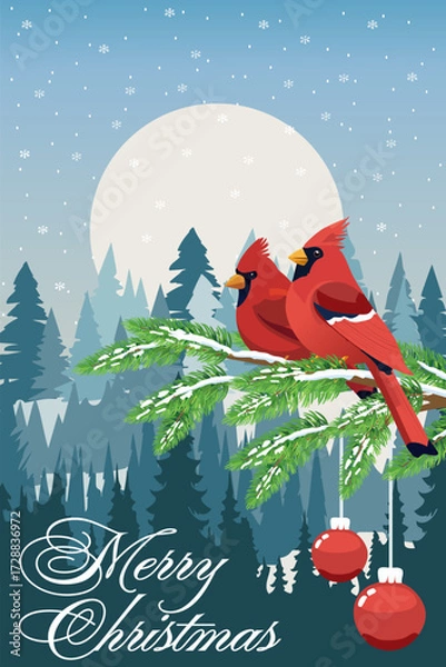 Fototapeta Red birds on a pine branch in a New Year greeting card.Vector Christmas illustration with cardinal birds on the background of the moon and forest.