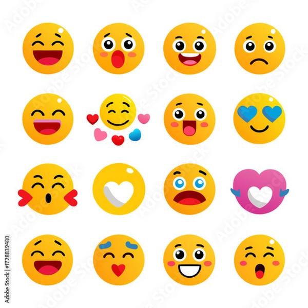 Fototapeta Various yellow emoticon characters expressing different emotions on white