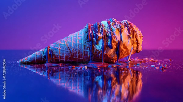 Fototapeta Close up of melting ice cream cone with sprinkles and chocolate syrup