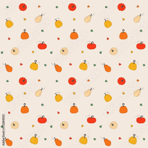 Obraz Autumn Pumpkin Seamless Pattern with Fall Leaves on beige background. Ideal for textile design, packaging, decorative materials for Thanksgiving, fall harvest season decoration and autumn holidays