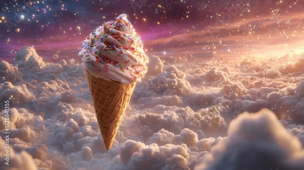 Fototapeta A fantastical ice cream cone floating amidst clouds and starry sky glow