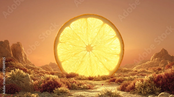 Fototapeta A slice of lemon in a surreal landscape under a warm colored sky