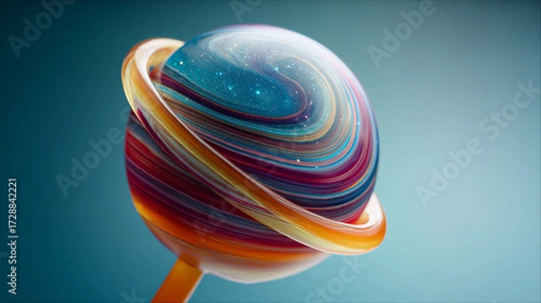 Fototapeta Close up of a colorful planet with a ring against a blue background