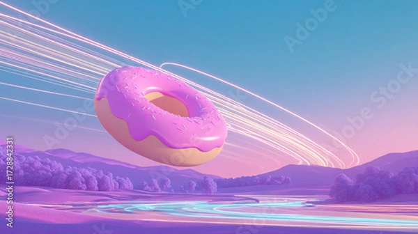 Fototapeta A doughnut with pink frosting floating over a surreal purple landscape