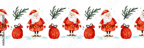Fototapeta Watercolor repeating pattern of santa claus and gifts, seamless border, ribbons design.