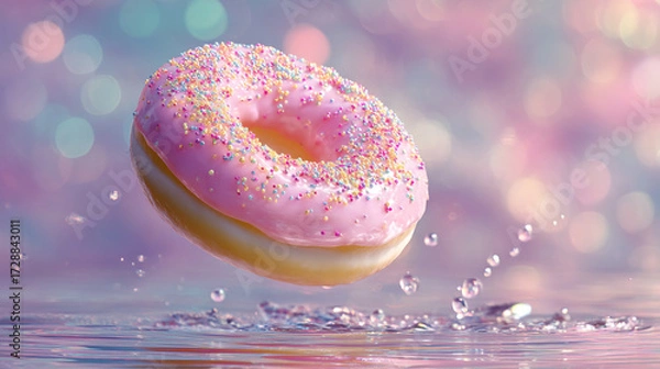 Fototapeta Pink frosted donut with sprinkles hovering above water with bokeh lights