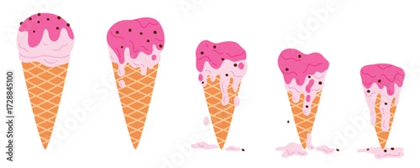 Fototapeta Ice cream melts set, sequence game animation of melting frozen yogurt or pink sundae ball in waffle cone. Animated stages of dripping soft ice cream, melted dessert cartoon vector illustration