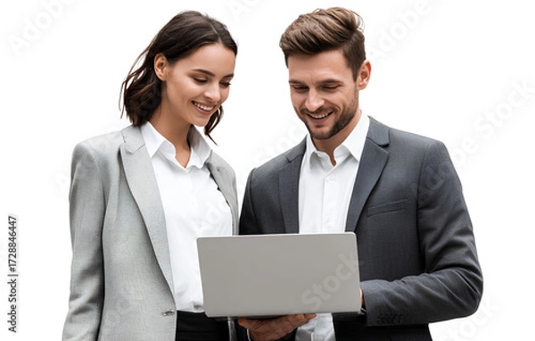 Fototapeta  two handsome young men in business suits, one man is talking and the other holding a tablet while smiling at each other