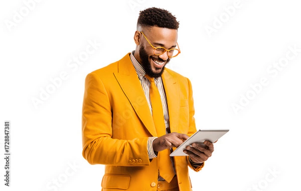 Fototapeta  business people smiling and using a tablet, isolated on a transparent background with a cutout png file and a white background for removing the subject from its surroundings