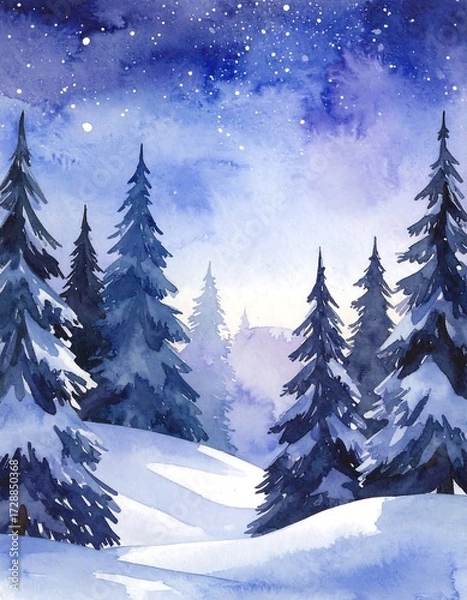 Fototapeta Winter forest scene with snow and stars