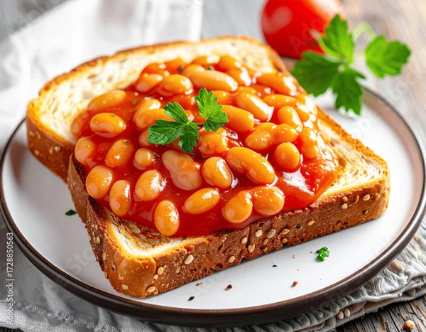Fototapeta Baked beans in tomato sauce on slice of toast, closeup. AI