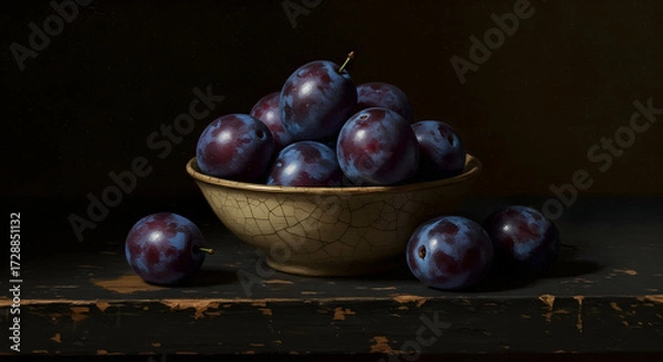 Obraz A still life painting of deep purple plums in a rustic bowl on a dark wooden surface with a dark background