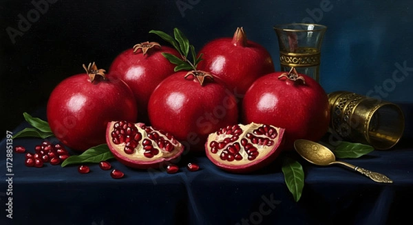Obraz A rich still life painting of vibrant pomegranates artfully arranged with a hint of gold and deep blue