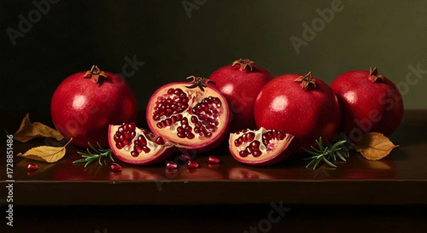 Obraz An elegant still life composition featuring ripe whole and sliced pomegranates with their seeds on a dark table