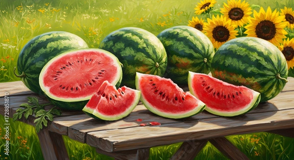 Fototapeta Refreshing watermelons, whole and sliced, on a rustic table outdoors. Green fields and bright sunflowers in the sunny background perfectly showcase this summer bounty