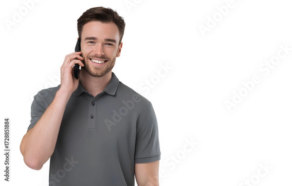 Fototapeta  young smiling man in a gray polo shirt using a mobile phone, isolated on a transparent png background with no shadow.