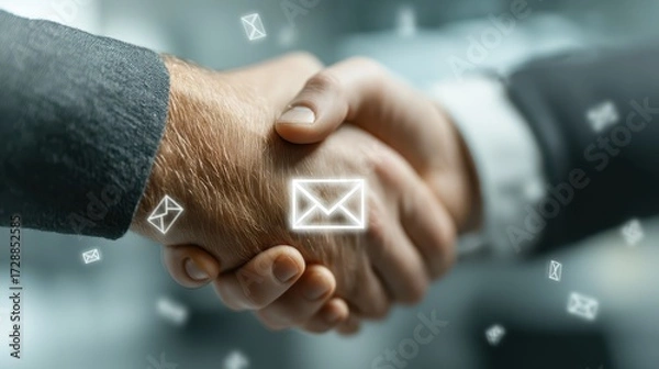 Fototapeta Business Agreement Concept with Handshake and Email Communication Icons