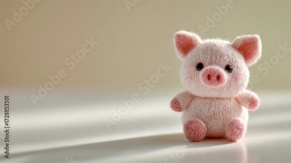 Fototapeta Knitted pink pig toy sitting on white surface with soft beige background