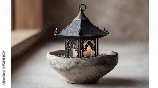 Obraz An antique lantern placed in a ceramic bowl, evoking a vintage aesthetic with soft, warm lighting that brings an old-world charm.