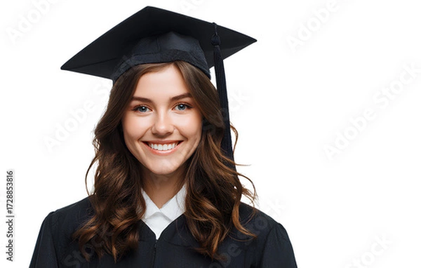 Fototapeta a beautiful woman smiling in a graduation gown and cap, with a transparent background, a png clipart with a white border, and no shadows.