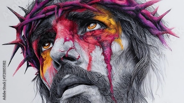 Obraz An artistic depiction of Jesus Christ on the cross, ed in a way that conveys deep emotion and spiritual significance.
