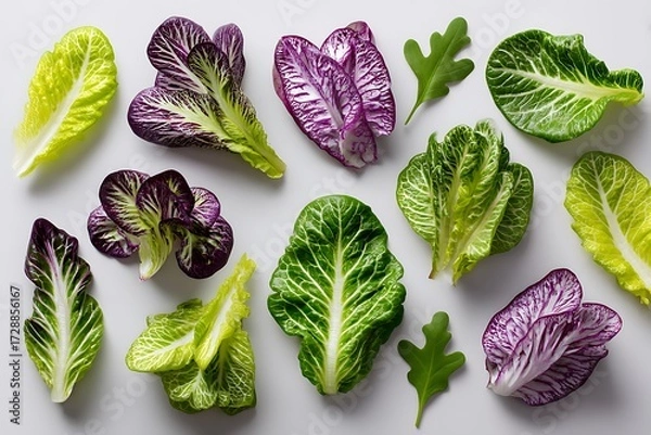 Obraz An assortment of fresh mixed salad greens laid out on a white background, showcasing vibrant textures and shades.
