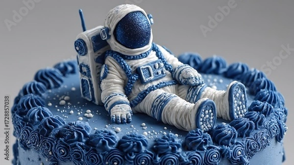 Obraz An astronaut-themed blue cake, designed to transport you into outer space with its cosmic design and creative appeal.