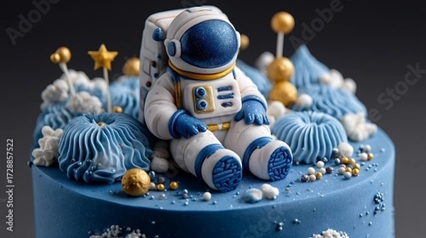Obraz An astronaut-themed blue cake, designed to transport you into outer space with its cosmic design and creative appeal.