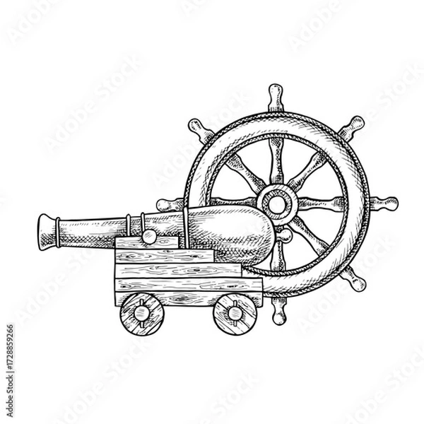 Obraz An old cannon and a ship s wheel. Black and white graphics, vector illustration. Hand-drawn. A ship s cannon on a wooden carriage, from the medieval era. For decorating children s games, celebrations.