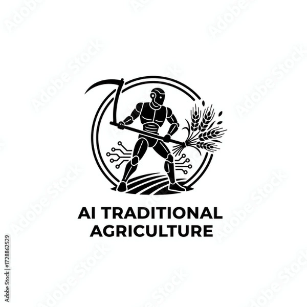 Fototapeta Futuristic robot with scythe and wheat symbolizes advanced agricultural technology blending tradition with innovation for modern farming solutions